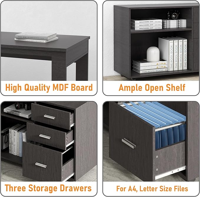 MU 55inch White L Shaped Desk Corner Computer Desk with 3 Drawers and 2 Shelves Writing Office Table with Storage File Cabinet Large Executive Desk with Wheels for Home Office Bedroom (Grey)