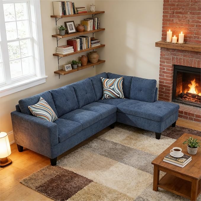 97 Inch Modern L-Shaped Couch Flannel Sectional Sofa with Right Facing Chaise 4-Seater Couch with Sturdy Frame for Living Room Apartment Blue