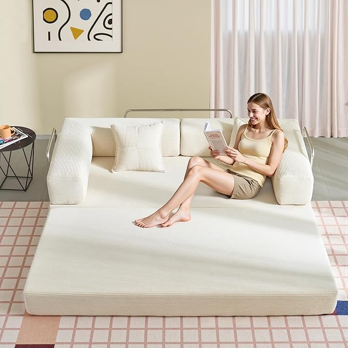 YINIX Foldable Sofa Bed 78'' Folding Floor Couch Compressed Convertable Sleeper Sofa Memory Foam Couch with Pillow Back Support Armrest 4-in-1 Futon Sofa Bed for Living Room White