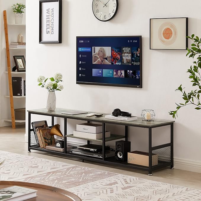 VECELO TV Stand for Televisions up to 80 Inch 70 Entertainment Center with Open Storage Shelves for Living Room/Bedroom 3 Tiers Media Console Table Frame 70 Inches Grey +Metal