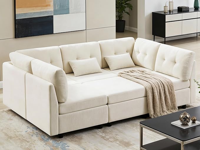 VANOMi 5 Seater Modular Sectional Sofa Convertible Modular Cloud Sofa Bed with Ottoman Comfy Chenille Sofas &amp Couches for Living Room Apartment Office White Sofa Bed