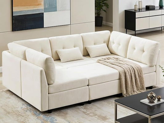 VANOMi 5 Seater Modular Sectional Sofa Convertible Modular Cloud Sofa Bed with Ottoman Comfy Chenille Sofas &amp Couches for Living Room Apartment Office White Sofa Bed