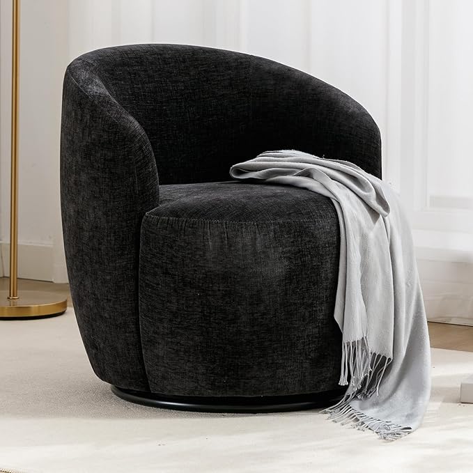 Stylish Chenille Swivel Accent Chair Black 360 Degree Rotation Barrel Chair for Living Room