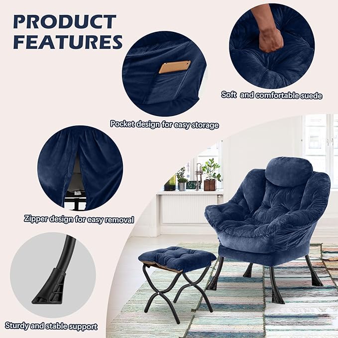 Lazy Chair with Folding OttomanLeisure Sofa ChairSoft Fabric Armchair with Armrests and Side Pockets Reading Chair with Footrest for Living Room Bedroom Office (Plush Navy)