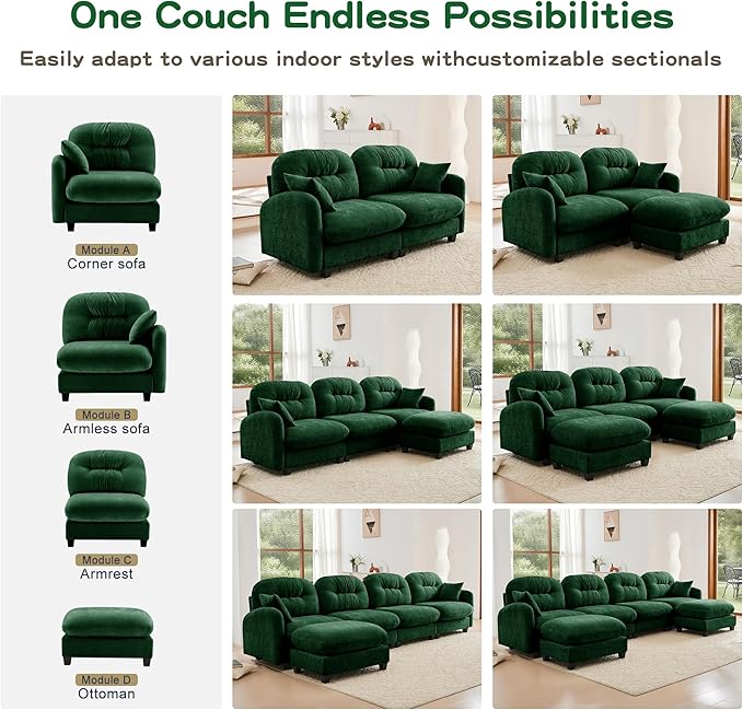 Cloud Couches for Living Room Modular Sectional Sofa 140 U-Shape 4-Seater Modular Couch Oversized Sectional Couch with Deep Seat Green