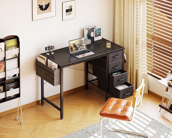 Casaottima 32-Inch Small Computer Desk with 4 Fabric Drawers — Home Office Desks with Storage Writing Desk with Side Hook and Cloth Bag Modern Study/Work Table for Bedroom and Small Space Black