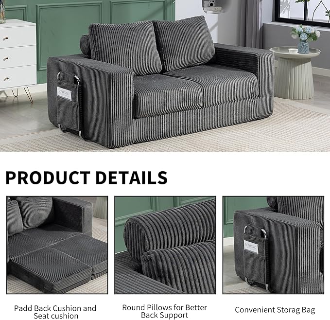 J.C.UP 69'' Convertible Sofa Bed Pull Out Loveseat Sleeper Sofa 2 Seater Boneless Folding Sofa Bed Floor Couch with Deep Seat Chaise Lounge for Living Room Bedroom No Assembly Required Gray