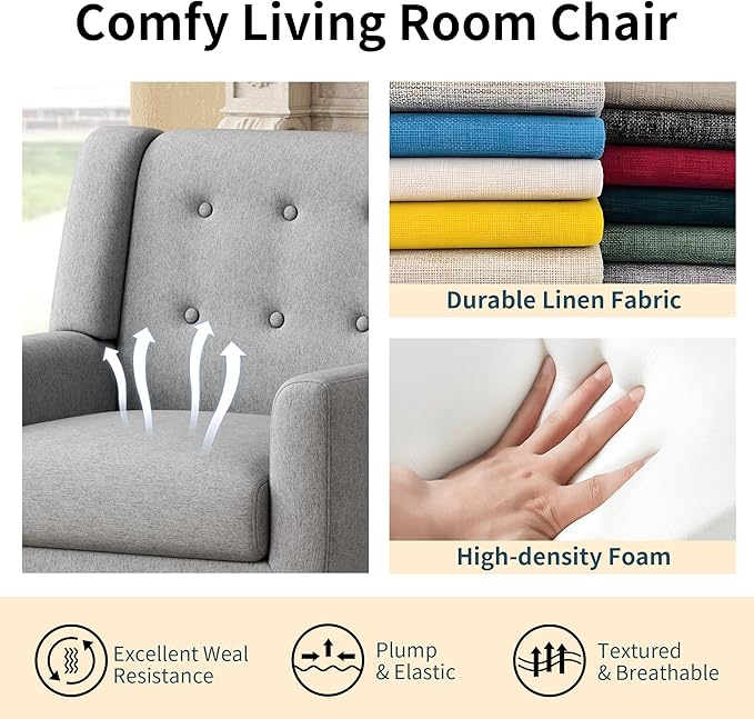 Accent Chairs Mid-Century Modern Upholstered Living Room Armchair Comfy Oversized Linen Fabric Single Reading Arm Chair with Tufted Back and Wood Legs for Bedroom Club (1 Light Grey)