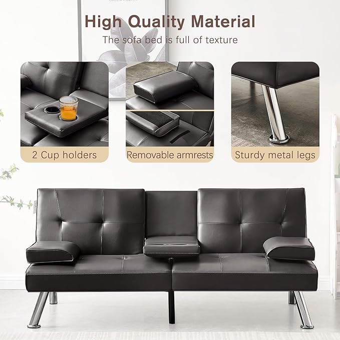 Convertible Futon Sofa Bed PU Leather Modern Couch Loveseat Sleeper Folding Daybed Guest Bed Removable Armrests 2 Cup Holders Metal Legs (Brown)