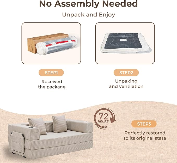 WELAX 72.8 Convertible Sleeper Sofa Bed Boneless Cloud Queen Futon Couches with Cupholders &amp Storage Pockets Corduroy Folding Floor Couch for Bedroom Apartment No Assembly Light Gray