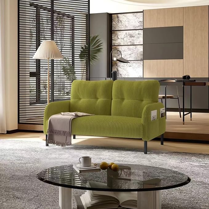 Olive Green Small Loveseat Couch for Small Spaces Corduroy Upholstered Love Seat Sofa with Side Storage Bags Comfy Mini Couch with Wooden Legs for Bedroom Living Room Apartment (Olive Green)