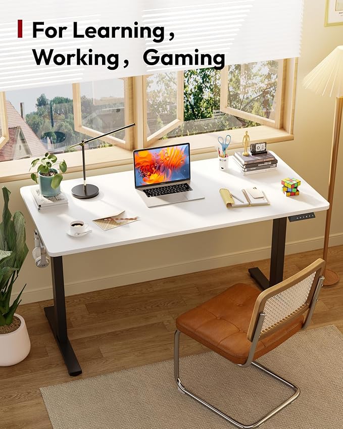 SANODESK Electric Standing Desk 55 x 28 Inches Whole-Piece Desktop Height Adjustable Stand Up Desk w/6-Button Controller Ergonomic Computer Desk for Home Office Black Frame + White Tabletop
