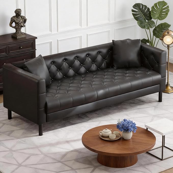 GarveeHome 78 Leather Couch for Living Room Button-Tufted 3 Seater Sofa with 2 Pillows and Deep Seat Modern Mid-Century Leather Sofa for Apartment Office