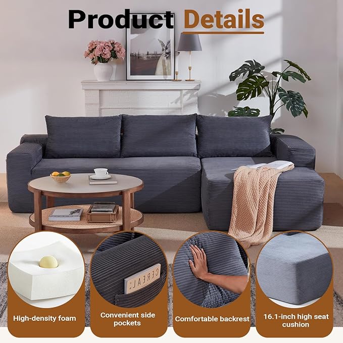 97 Cloud Sectional Couch Modern Boneless Couch with L-Shape Chaise Deep Seat Modular Sectional Sofa Corduroy Corner Foam Couches for Living RoomNo Assembly Required(Gray Right Chaise)