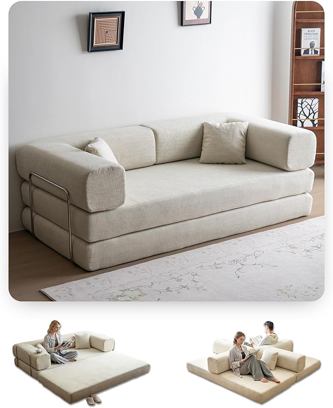 No Assembly Convertible Sofa Bed &amp 79 Boneless Couch with Pocket  5-in-1 Futon Sofa Bed with 2 Pillows Modular Pull Out Couch Bed with FrameCompression in Box for Living Room Small Spaces Beige