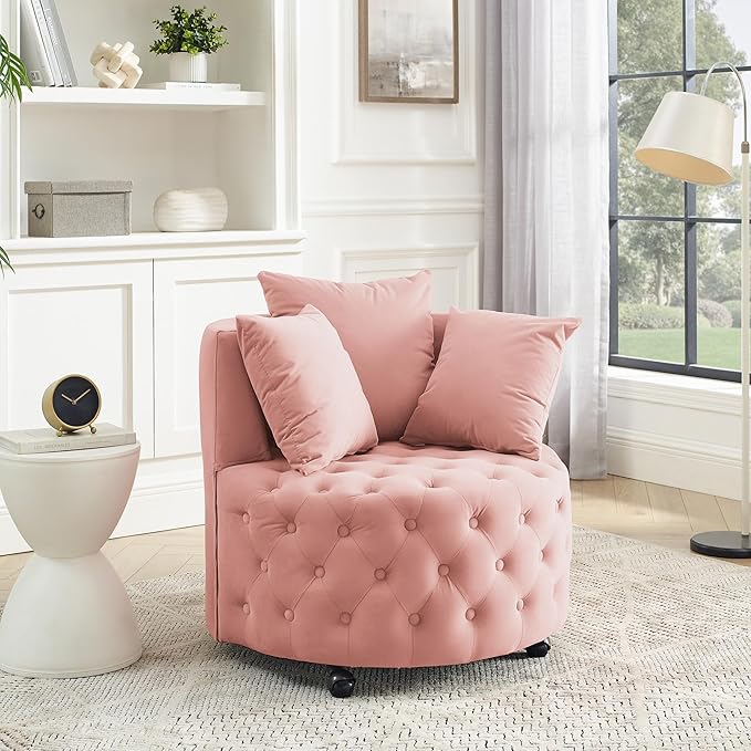 Velvet Swivel Barrel ChairModern Upholstered Accent Chair with WheelsLarge Single Sofa Chair for Living Room Club Bedroom Home Office (Pink+Velvet)
