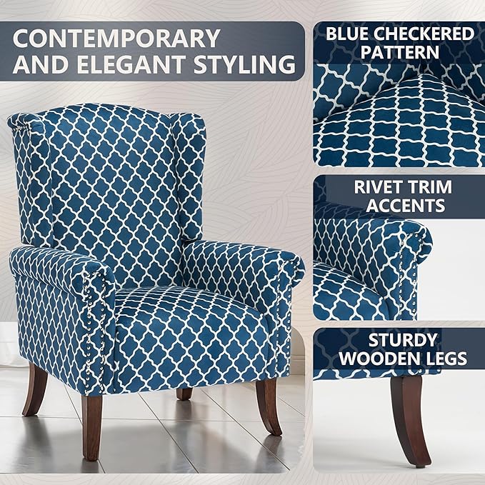 MOJAY Modern Accent Chair Comfy Wingback Armchair Blue Plaid Club Chair with Wooden Legs for Living Room Bedroom Office or Balcony