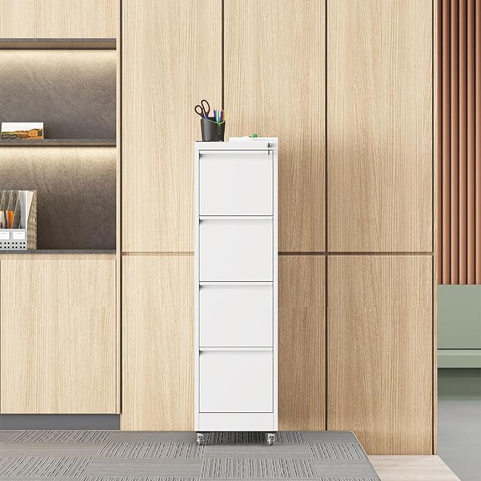 4 Drawer Small Metal File Cabinet with Lock - Locking Filing Cabinet Organizer for Home Office Under Desk Storage Drawers17.71 D*15.16 W*52.28 HWhite