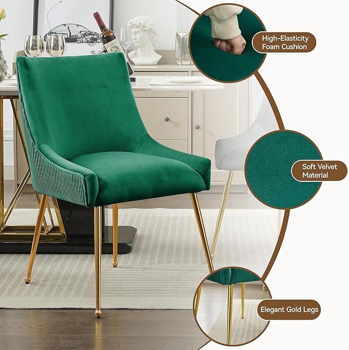 Velvet Dining Chairs Set of 6 Gold LegsUpholstered Velvet Accent Chairs Pleated Back Design &amp Gold Pull Handle Mid Century Modern Chairs for Dining/Kitchen/Living RoomGreen