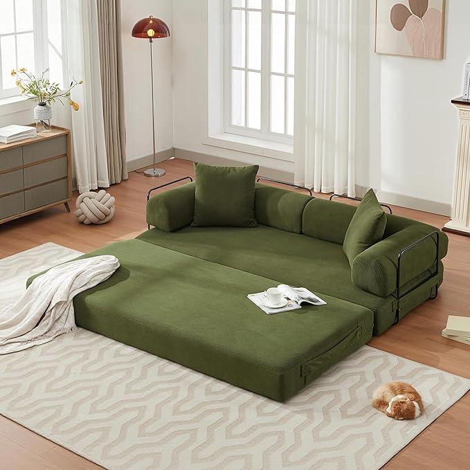 Convertible Sleeper Sofa Bed with Cylindrical Pillow Corduroy Folding Mattress Couch with Fixed-Shape Frame Floor Sofa Lounge Couch for Living Room Bedroom Lounge Studio-Green
