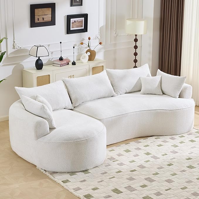 126.4 Oversized L-Shaped Boneless Sofa Deep Seat Sectional Couch with Curved Seat Design and 7 Pillows No-Assembly Chenille Sofa for Living Room Heavy-Duty Support（White）