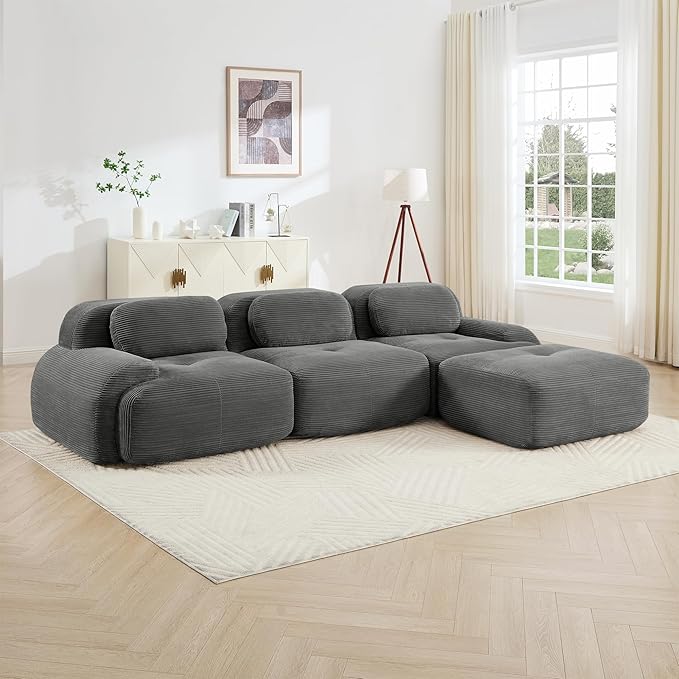 117.3 Inch L-Shaped Modular Sectional Sofa 3-Seater Cloud Couch with Deep Seat Boneless Couch with Pillows for Living Room Apartment Gray