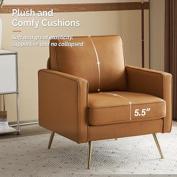 VINGLI Modern PU Leather Accent Chair for Living RoomBedroom Comfy Chair Arm Chair Reading Chair with Golden Metal Legs and Deep Seat for OfficeApartmentSmall SpaceCognac