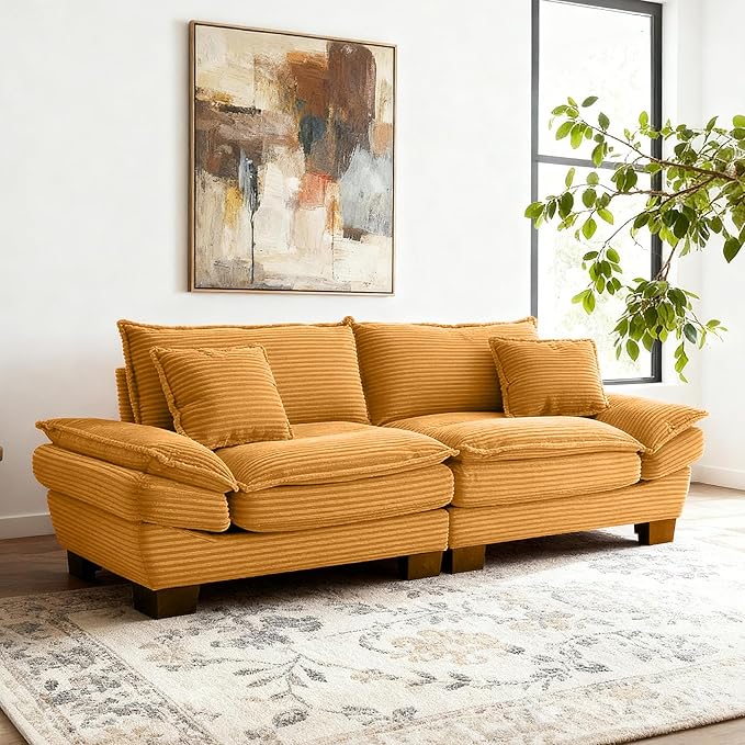 Modern 84 Corduroy Loveseat Sofa Ultra-Comfy Couch with 2 Pillows for Apartment Living Room Bedroom Home Office (Yellow)