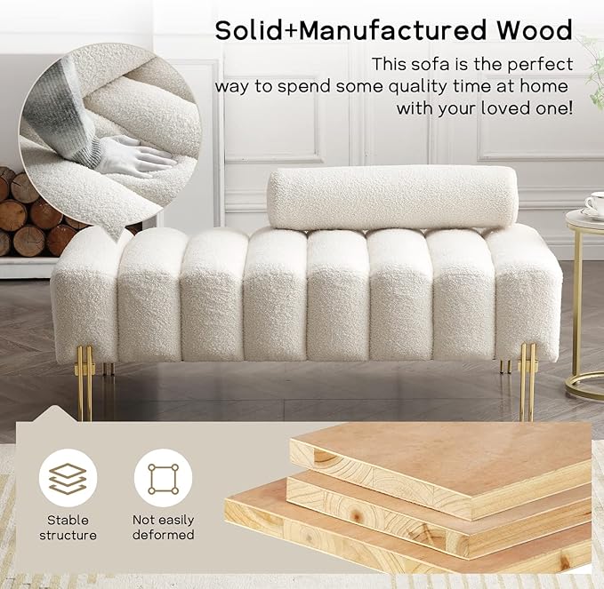 NIOIIKIT 53.2 Modern Loveseat Sofa Couch Upholstered Accent Sofa with Golden Legs and Adjustable Backrest Small Teddy Fleece Couches for Bedroom Living Room Compact Small Space (Beige Teddy)