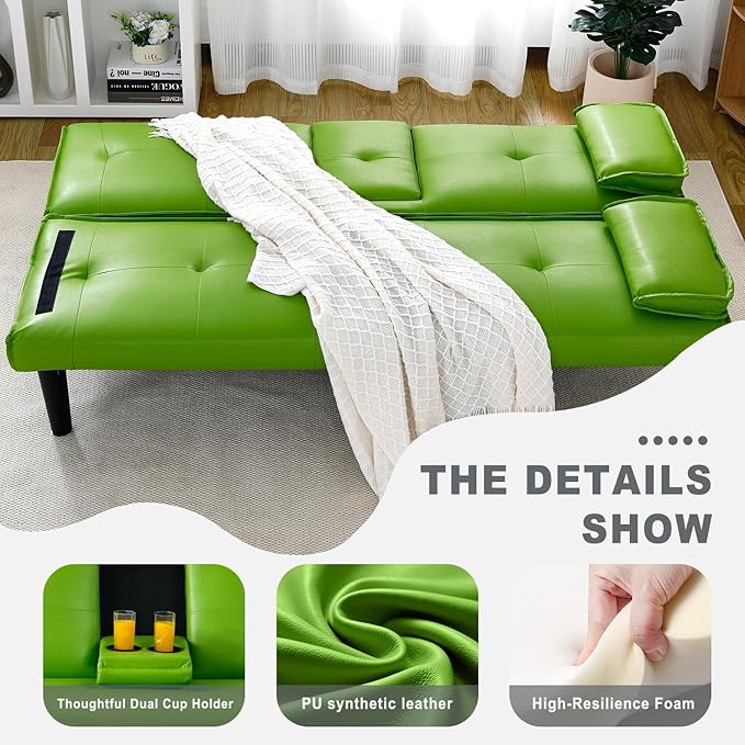 Futon Sofa Bed PU Leather Modern Convertible Futon Couch with Removable Armrests Cup Holders Loveseat Sleeper Sofa Bed for Living Room Apartment Small Spaces (Green)