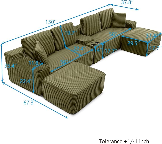 150 Oversized U Shaped Cloud Sectional Couches for Living Room Comfy Fluffy Corduroy Upholstered Boneless Couch Large Modular Sectional Sofa with Ottomans Cup Holder USB Port Console | Storage