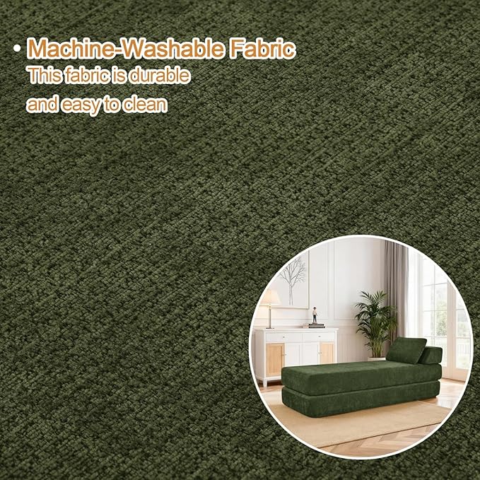 2-in-1 Daybed Sofa Chair Bed with Lumbar Pillow Queen Size Sofa Bed Chaise Lounge Chair Queen Sleeper Chairs Comfy Floor Couch for Living Room Bedroom Office Study (Chenille Green)