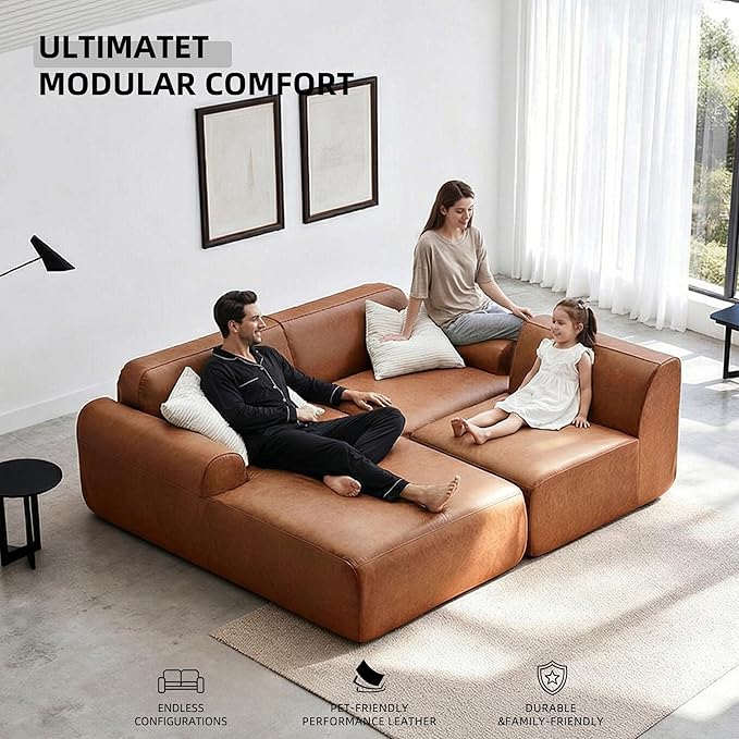 105” Modular Faux Leather Cloud Couch Deep Seat L-Shaped Sectional with Removable Wipe-Clean Covers and Replaceable Cover Design for Living Room (Orange 3 Seater+Left Facing Chaise)