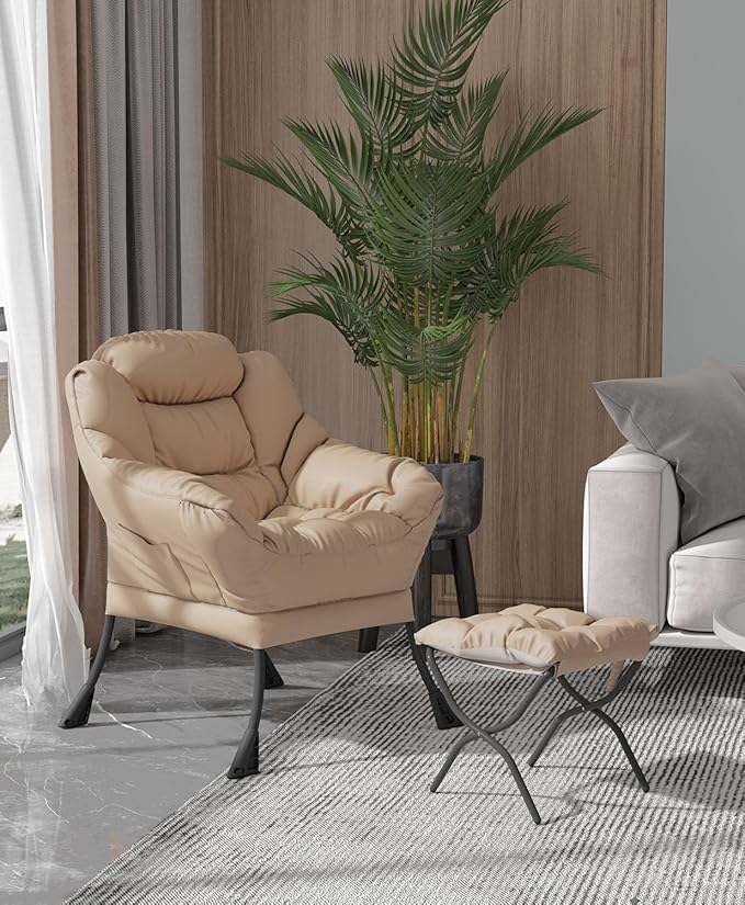 Living Room Chair with Ottoman Modern Lounge Accent Chair with Armrests and a Side Pocket Leisure Upholstered Sofa Lazy Chair Reading Chair with Footrest for Small Space (Beige)
