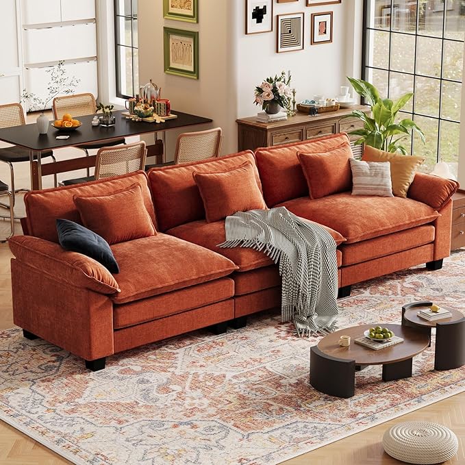 CDCASA 120 Modular Sectional Sofa Comfy Cloud Couch Oversized 3-Seater Chenille Deep Seat Sofa Bed for Living Room DIY Combination Terracotta Orange