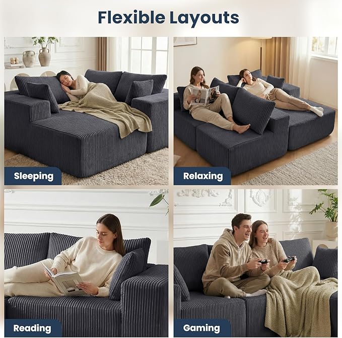 DUMOS 108 Boneless Couch Cloud Sectional Couch with L-Shape Chaise Modular Sectional Sofa with Deep Seat Fluffy Couch for Living Room Bedroom No Assembly Required (Grey Right Facing Chaise)