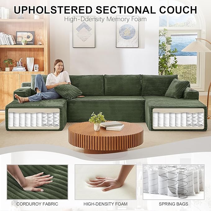 134 Inch U-Shaped Couch Modular Sectional Sofa Oversized Corduroy Boneless Couch with Cup Holder and Storage Pocket 4-Seater Upholstered Cloud Sofa for Living Room No Assembly Required Green