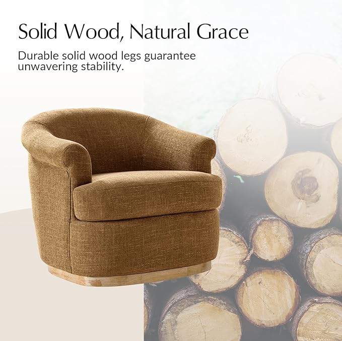 HULALA HOME Swivel Barrel Chair with Rolled Arms Upholstered Fabric Swivel Round Armchair with Removable Cushion Solid Wood Base for Living Room Bedroom Camel