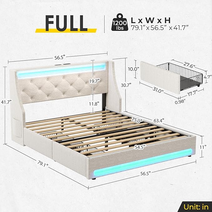 Rolanstar Full Bed Frame with LED Lights and Charging Station Upholstered Bed with Drawers Wooden Slats Noise Free Easy Assembly Beige