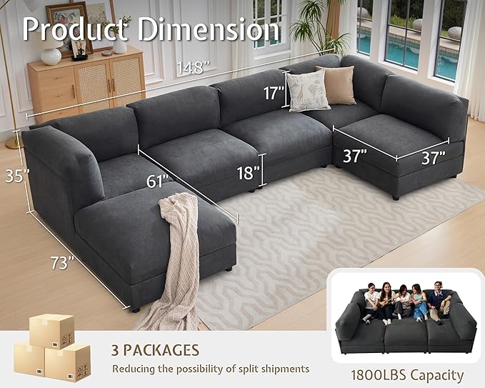 Jocisland 148 inches U-Shaped Modular Sectional Sofa Oversized Convertible Couch with Ottoman Easy Assembly Scratch-Resistant Linen Fabric Gray