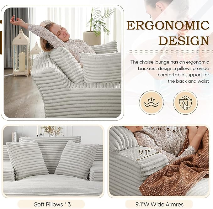 67 Inch Oversized Chaise Lounge Chair IndoorBoneless Corduroy Sofa Bed with Spring CushionDeep Seat Cloud Couch and Reading LoungerSoft Sleeper Sofa for Living RoomNo Assembly RequiredLight Grey