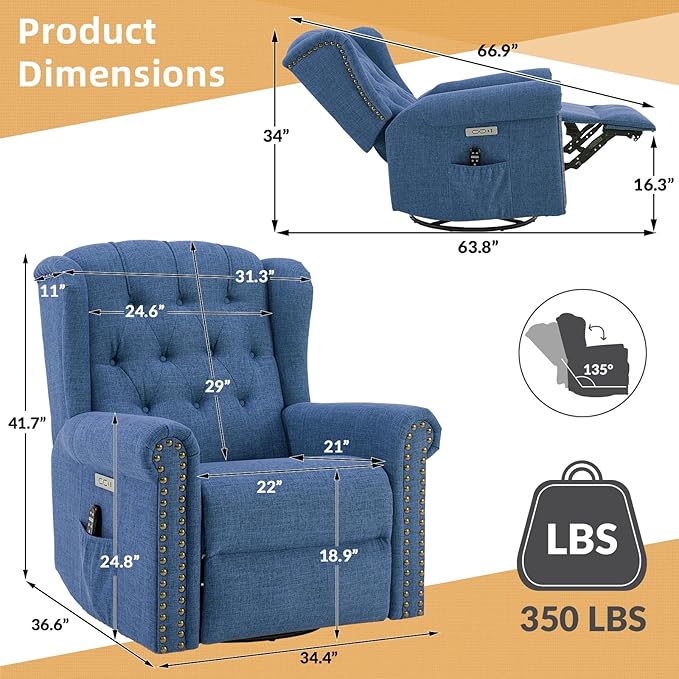 Power Swivel Rocking Glider Recliner Chair Electric Nursery Reclining Sofa Chair with Heat and Massage Wingback Tufted Upholstered Recliner for Living Rooms USB and Type-C Port Blue