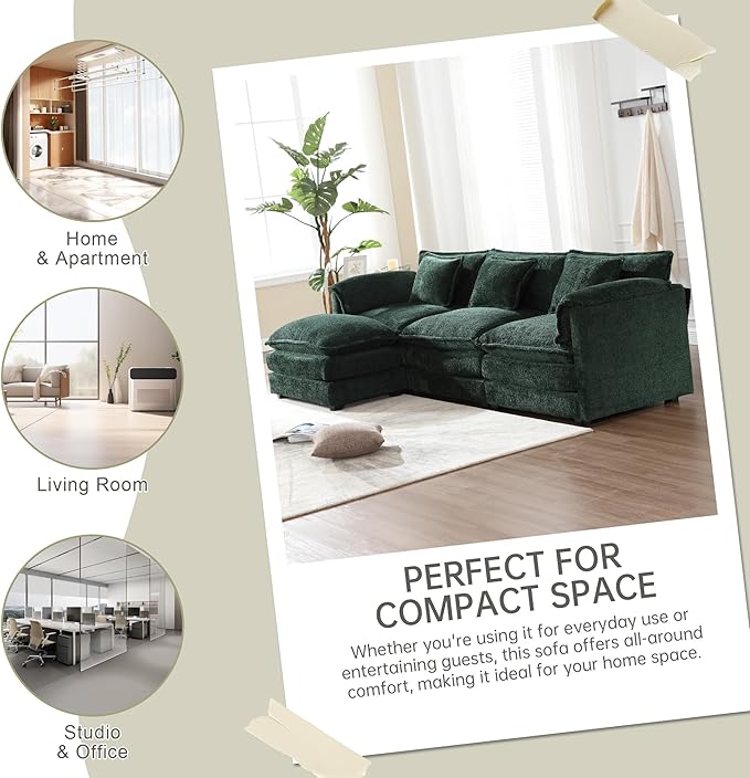 Modular Sectional Sofa Cloud Couch 112 L-Shape Sofa Chenille Comfy Upholstered with Removeable Ottoman and 3 Pillows for Living Room Emerald