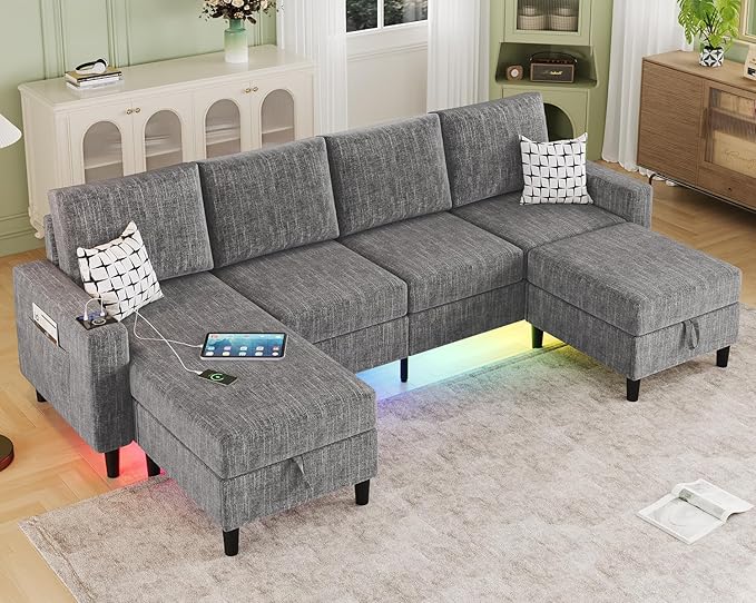 Sectional Couches for Living Room 6-Seats Soft Linen Fabric Sectional Sofa with Storage Ottoman Modern Convertible U/L Shaped Couch with Smart Charging Module/LED Light/Music Sync (Light Grey)