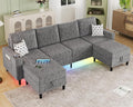 Sectional Couches for Living Room 6-Seats Soft Linen Fabric Sectional Sofa with Storage Ottoman Modern Convertible U/L Shaped Couch with Smart Charging Module/LED Light/Music Sync (Light Grey)