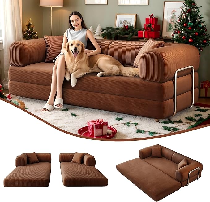 4-in-1 Corduroy Convertible Sleeper Sofa Bed 78.8 Boneless Couch with Pull-Out Bed No Assembly Required Futon Loveseat Floor Mattress with Stainless Fixed-Shape Frame for Living Room (Brown) | Clo