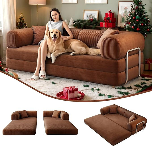4-in-1 Corduroy Convertible Sleeper Sofa Bed 78.8 Boneless Couch with Pull-Out Bed No Assembly Required Futon Loveseat Floor Mattress with Stainless Fixed-Shape Frame for Living Room (Brown) | Clo