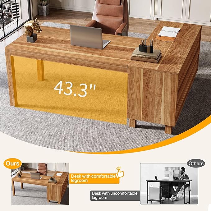 Tribesigns L-Shaped Desk with File Cabinet 59-Inch Executive Office Desk with Storage Shelves Wooden Study Writing Desk Farmhouse Corner Computer Desk for Home Office Rustic Brown