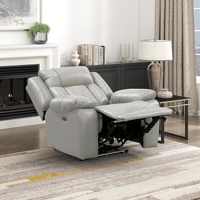 Lexicon Power Recliner Chair Faux Leather Upholstered Home Theater Seating with LED Lighting USB Charging Ports Single Wall Hugger Reclining Chair for Living Room/Bedroom Easy Assembly Gray
