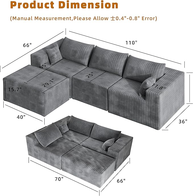 110 Boneless Couches for Living Room Cloud Couch Modular Sectional Sofa with Deep Seat Plush Large Foam Sofa L-Shape Sofa CouchNo Assembly Required Carbon Gray(Plush Corduroy Fabric)